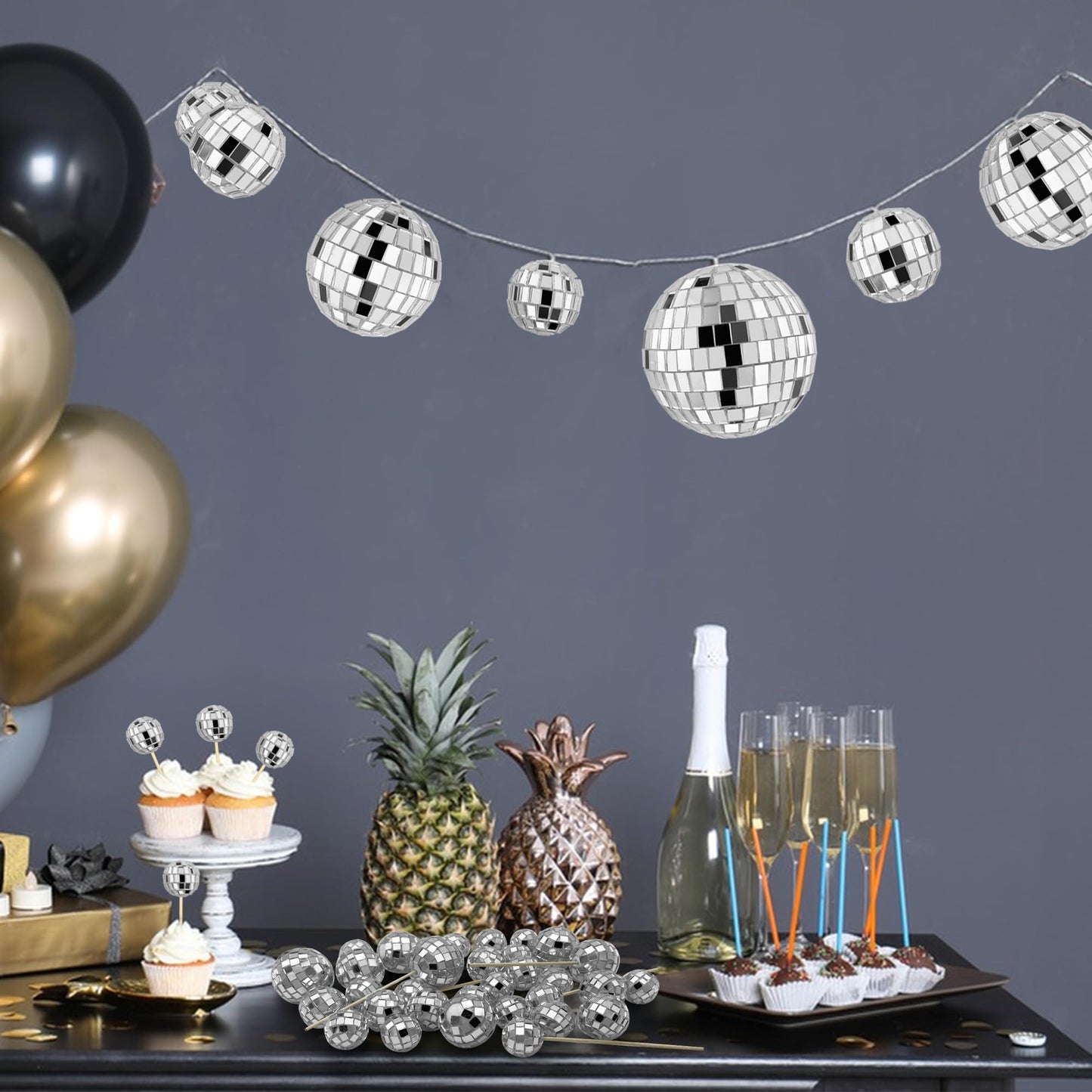 21 PCS DIY Disco Ball Cupcake Toppers Reflective Mirror Ball Cake Decorations for Disco Theme Party Ornament 0.79in 1.18in 1.97in 2.76in