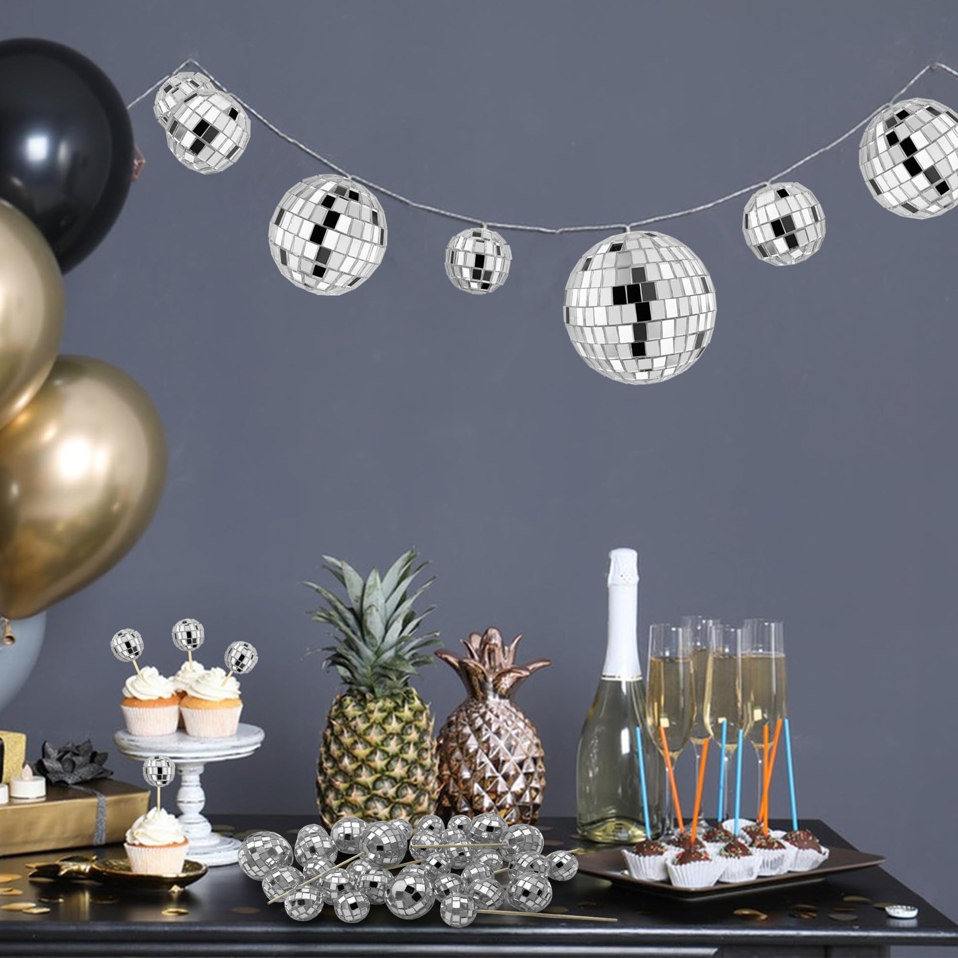 21 PCS DIY Disco Ball Cupcake Toppers Reflective Mirror Ball Cake Decorations for Disco Theme Party Ornament 0.79in 1.18in 1.97in 2.76in
