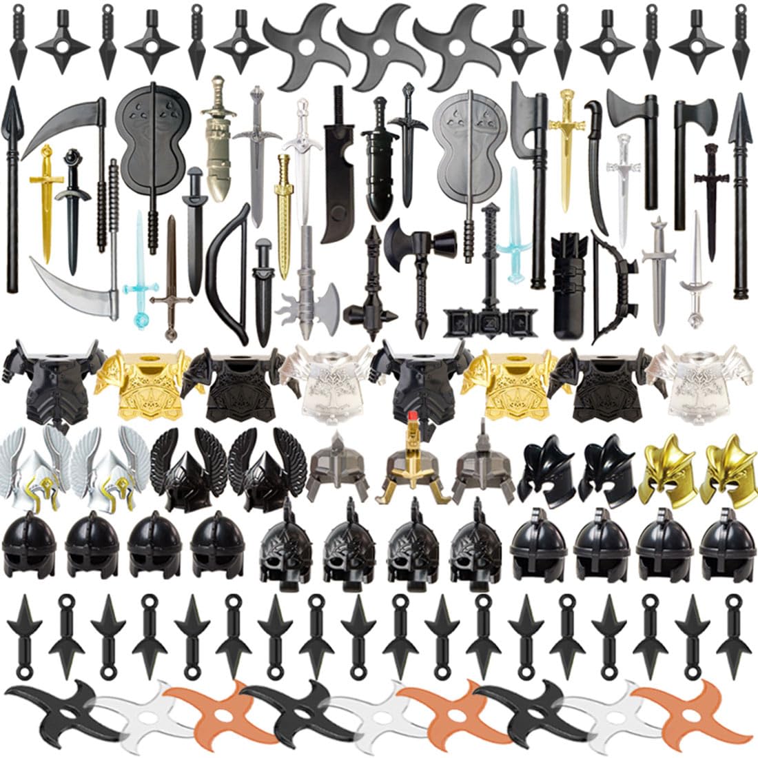 BrickCraftWorks 100Pcs Medieval Military Weapons Armour Helmet Block Figures Weapon Set, Rome Greek Egypt Style Building Block Toy Accessory