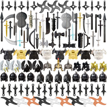 BrickCraftWorks 100Pcs Medieval Military Weapons Armour Helmet Block Figures Weapon Set, Rome Greek Egypt Style Building Block Toy Accessory