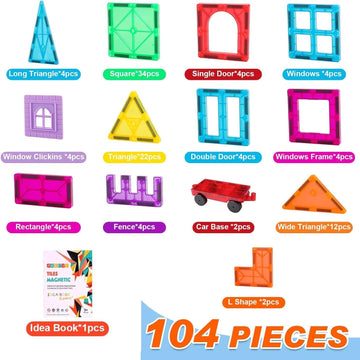 OugerToy 104PCS Magnetic Tiles STEM Building Blocks for Kids Ages 3-9, Educational Stacking Toys with Car Bases, Creative Construction Gift for Boys