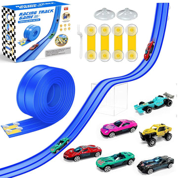15 Ft Flexible Race Car Track for Kids, Rolls Up Portable Race Tracks with 6 Car & Suction Cups, Compatible with Hot Wheels and Diecast 1/64th Cars