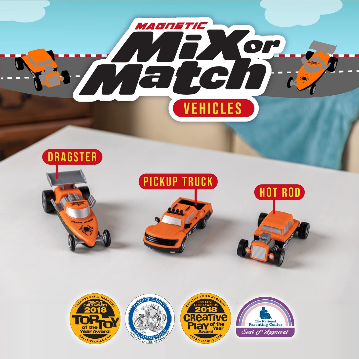 POPULAR PLAYTHINGS Magnetic Vehicles for Toddlers 1-3, Mix or Match Car Toys, Set of 3 Gift for Kids - Race Cars