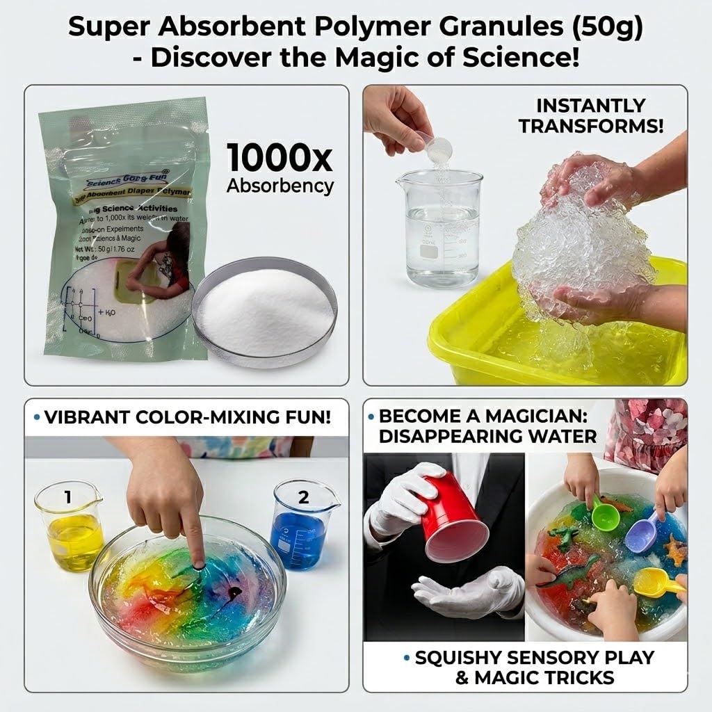 Super Absorbent Polymer Granules (Sodium Polyacrylate) - 50g Bag for Amazing Science Experiments, Disappearing Water Magic Tricks, and Sensory Play |