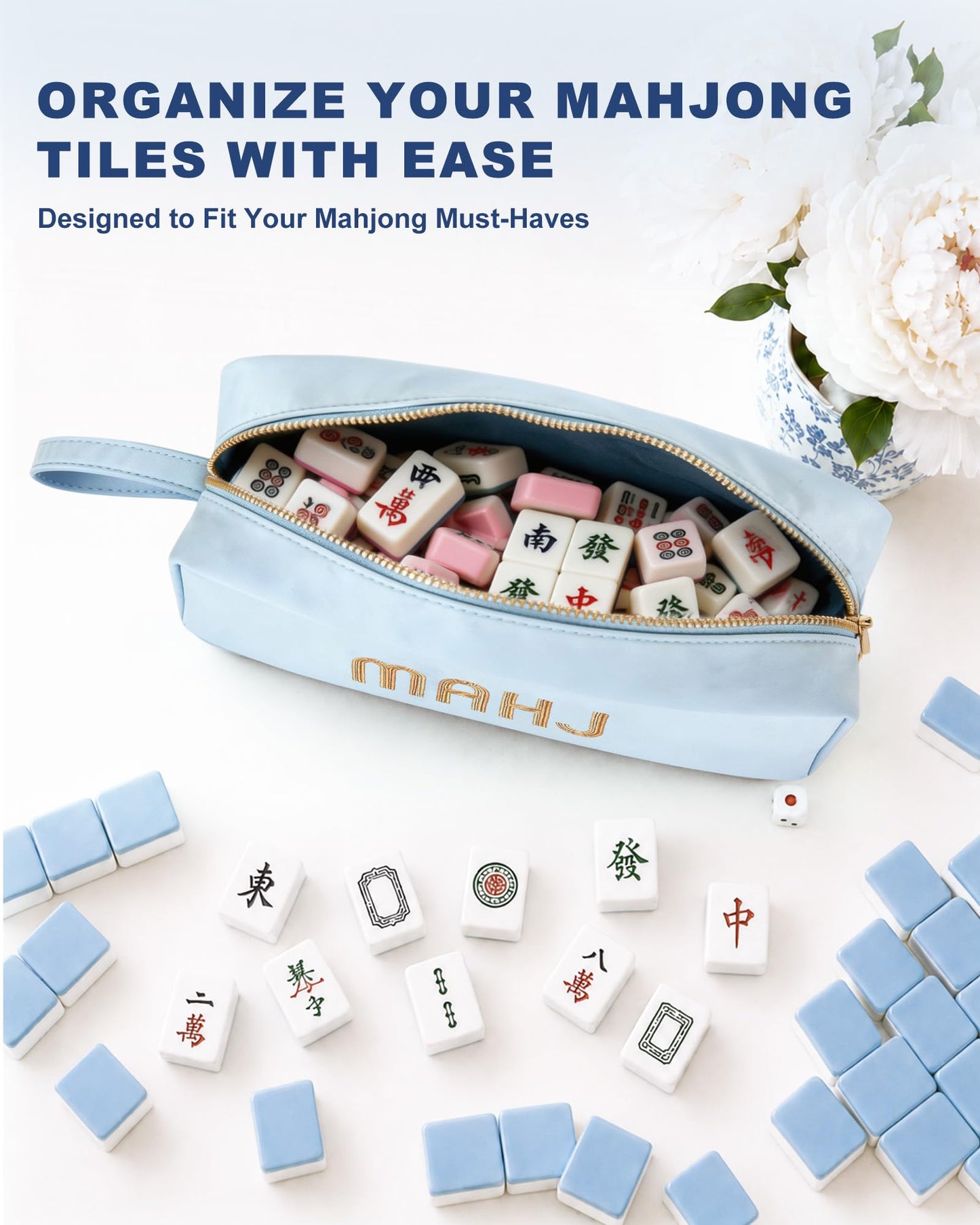 Mahjong Tile Bag for American Mahjong Set, Embroidered Mahjong Bag with Strap, Storage Organizer for Mahjong Accessories, Fits Mahjong Card