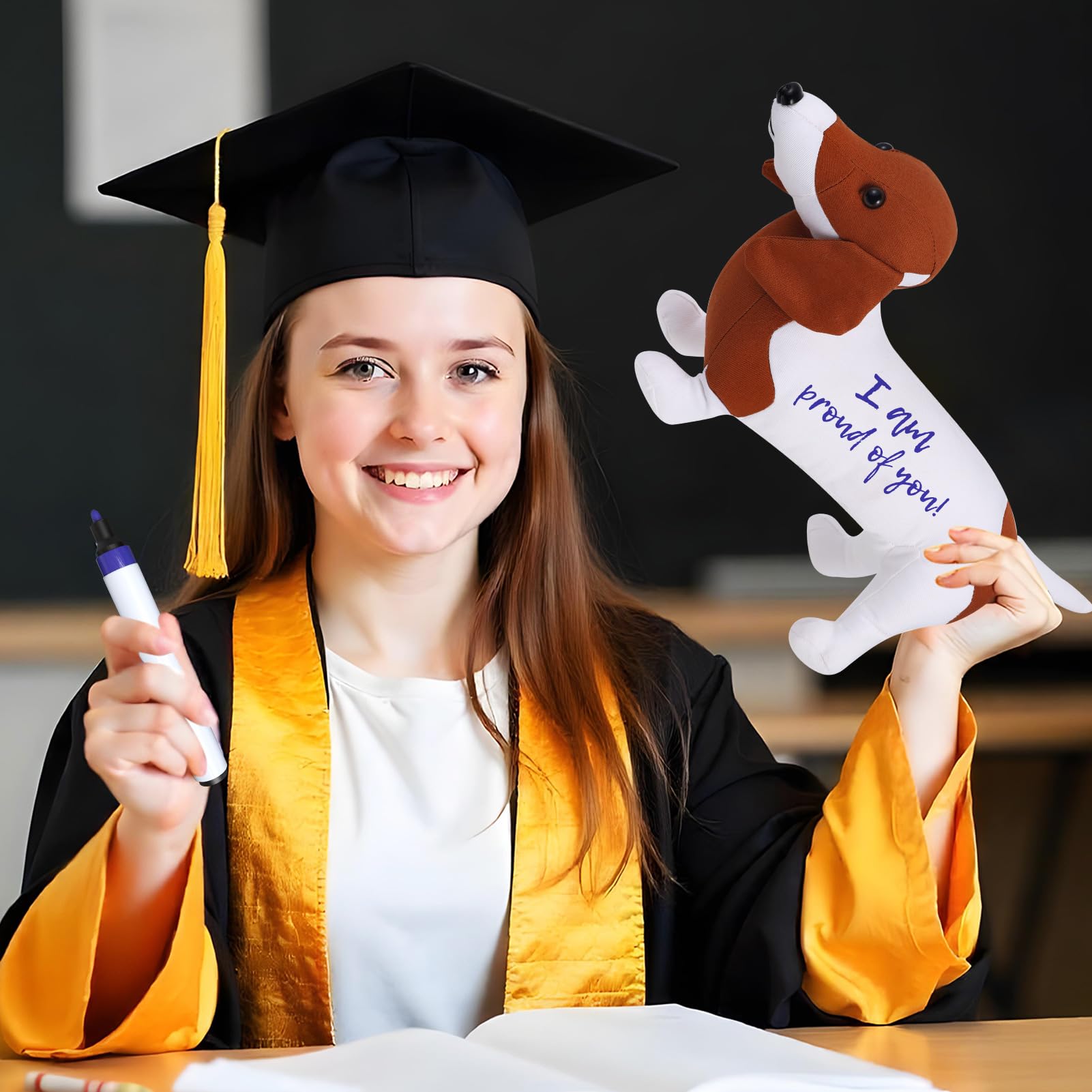 ZJoey Blank Dachshund with Graduation Cap Toys Autograph Stuffed Dog Class of 2026 Graduated Plush Stuffed Teddy Animal Dog for Graduation Day