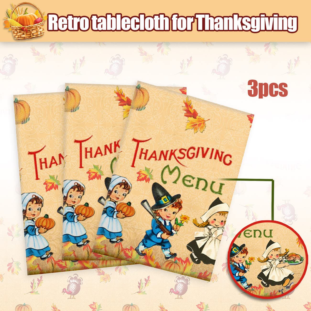 3 PCS Thanksgiving Fall Tablecloth Vintage Autumn Pumpkin Maple Leaves Disposable Plastic Thanksgiving Table Cover for Fall Harvest Party Supplies