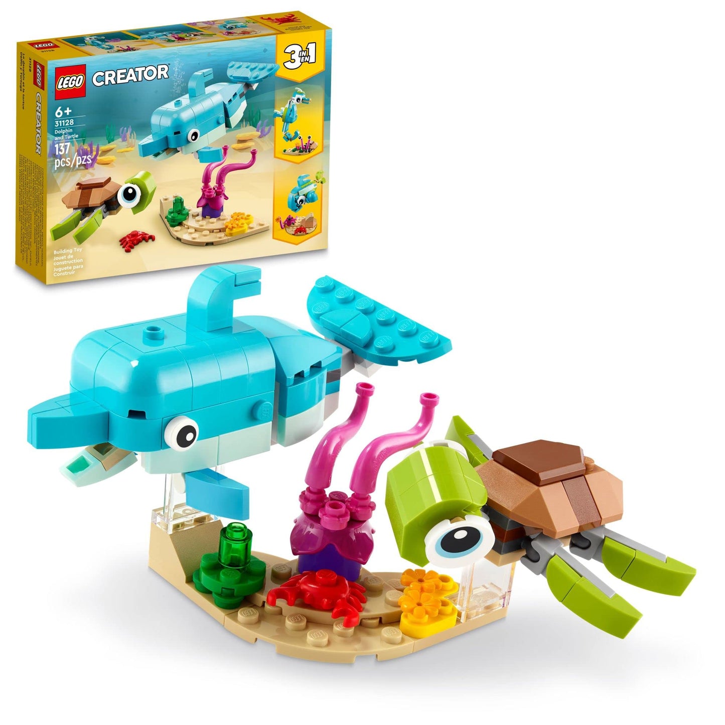 LEGO Creator 3 in 1 Dolphin and Turtle Toys for Kids, Transforms to Seahorse and Sea Snail or to Swimming Fish and Crab, Toy Sea Animal Figures