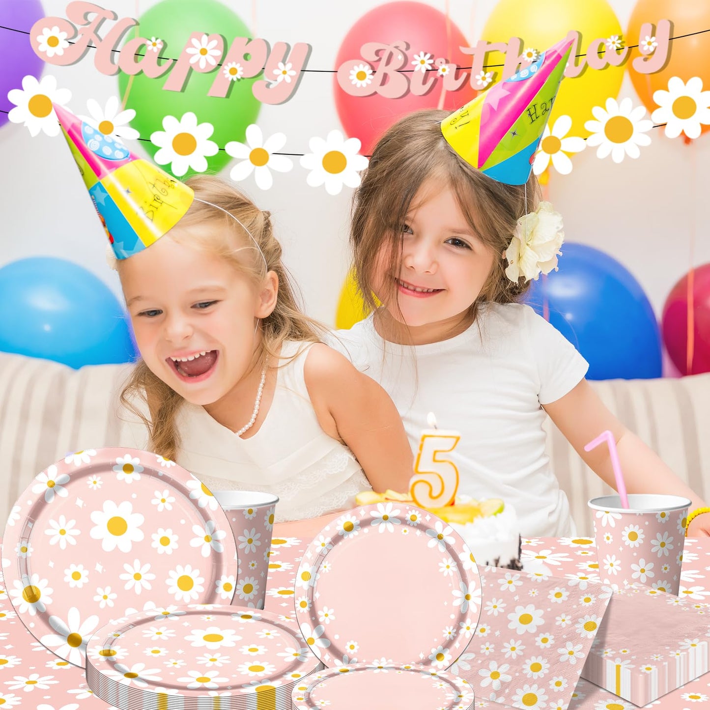 142PCS Daisy Birthday Party Tableware Set,Pink Groovy Daisy Flower Supplies Include Daisy Plates and Napkins Cup Tablecloth Banner for Retro Theme