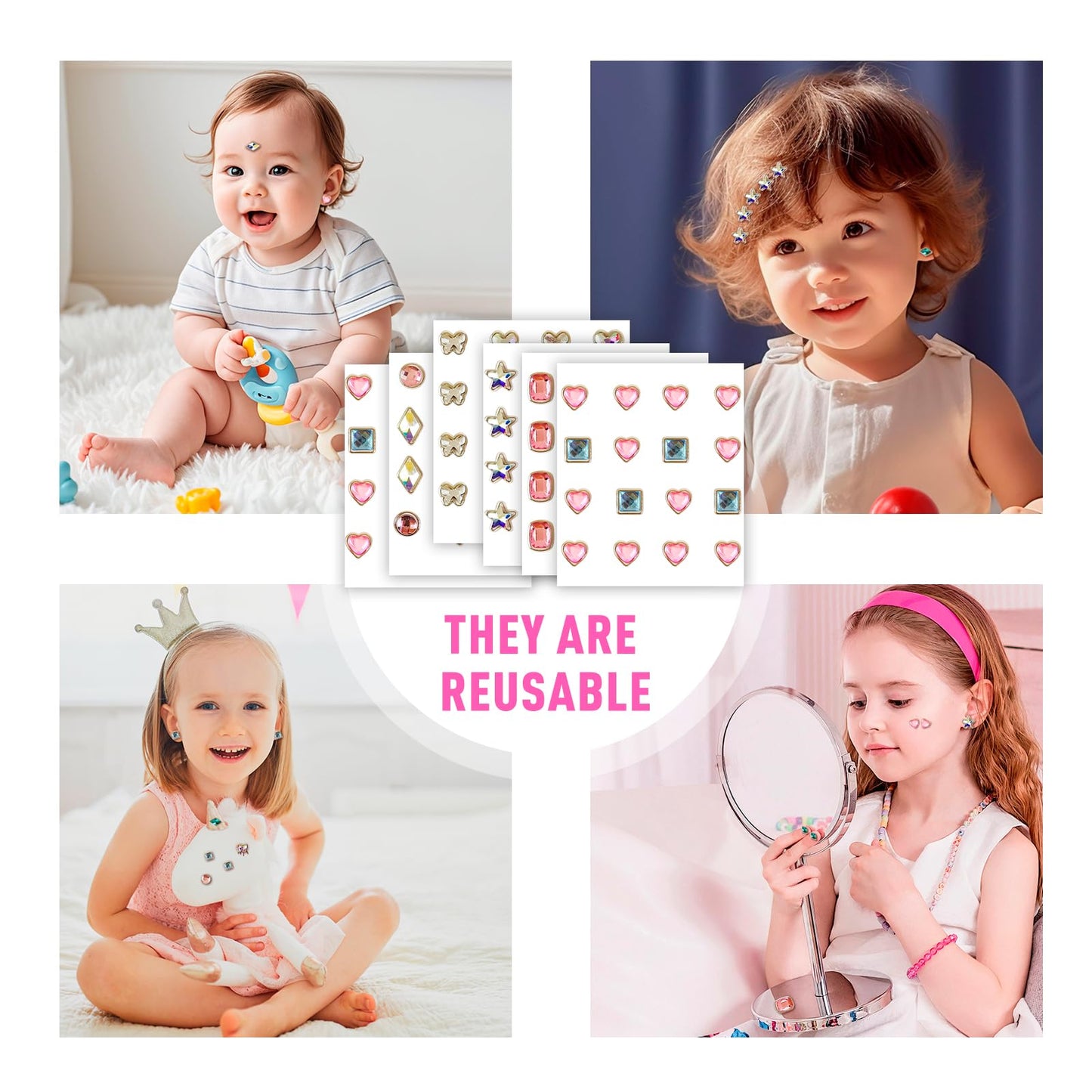 6 Sheet 3D Reusable Gem Stick on Earrings for Little Girls,Strong Self-Adhesive Crystal Sticky Earring for Infant Baby,Adhesive Rhinestone Earring
