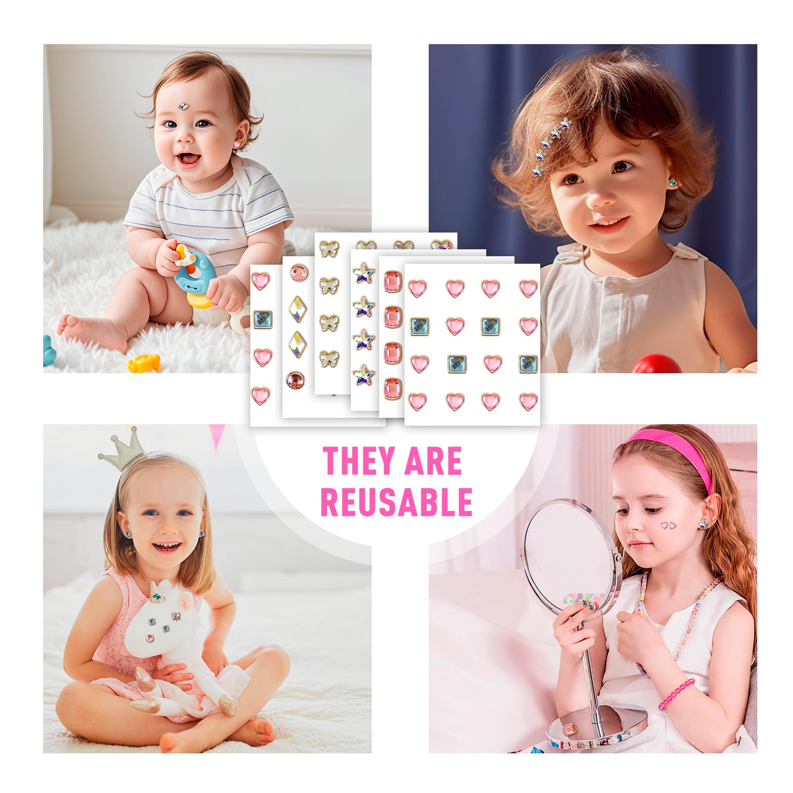 6 Sheet 3D Reusable Gem Stick on Earrings for Little Girls,Strong Self-Adhesive Crystal Sticky Earring for Infant Baby,Adhesive Rhinestone Earring
