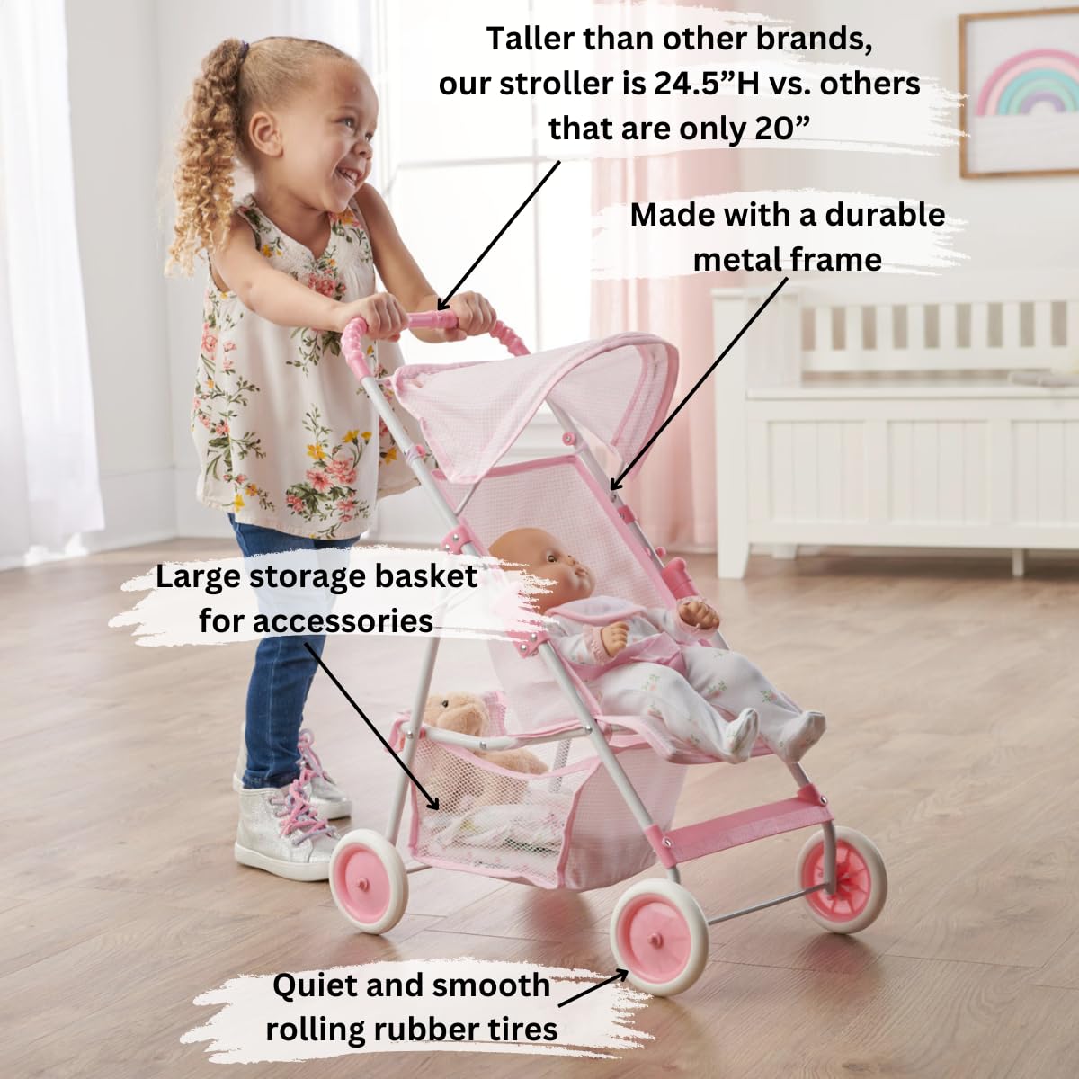 Badger Basket Folding Doll Umbrella Stroller for Dolls Up to 18 Inches - Lightweight, Compact Doll Stroller with Safety Belt, Pink and White Design