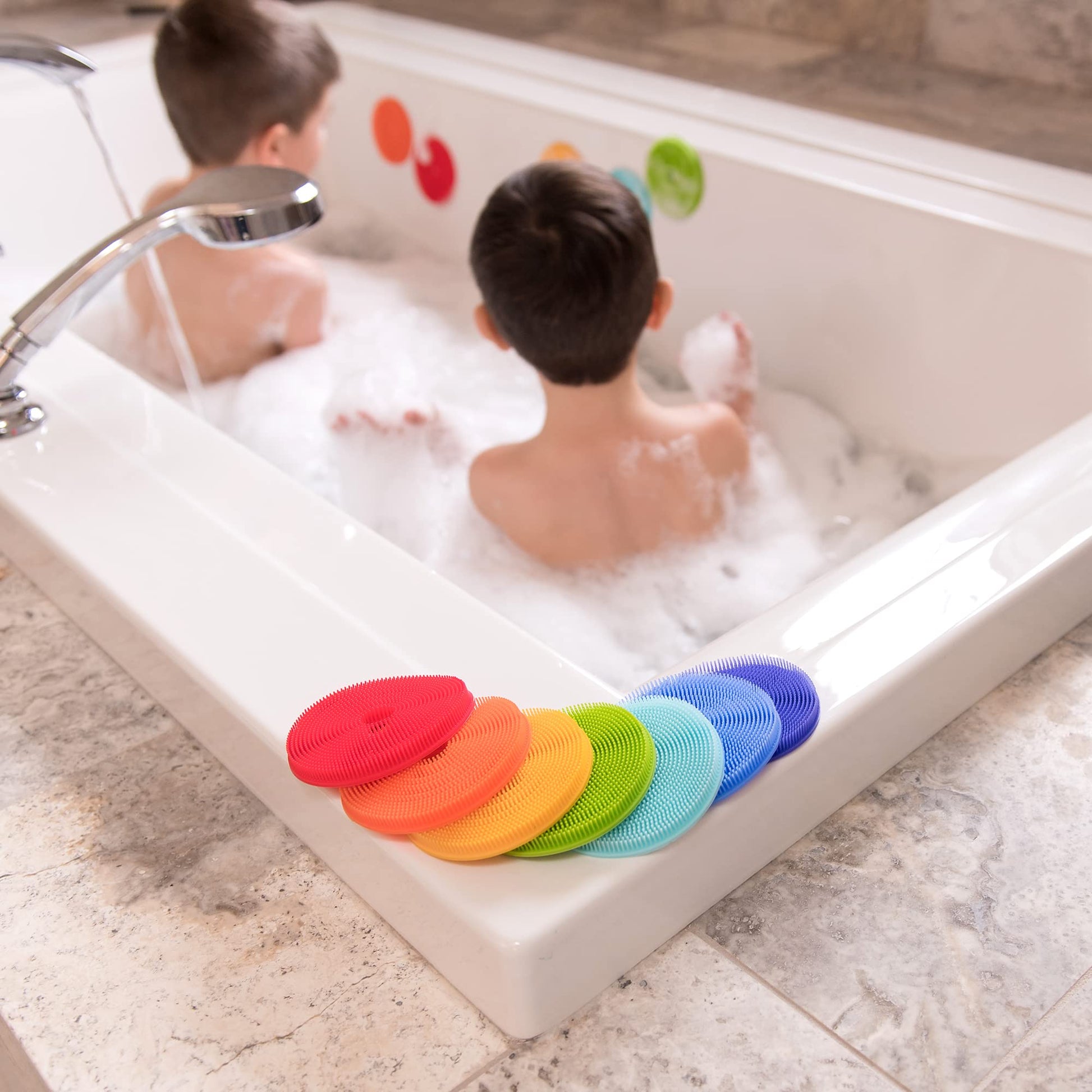 Innobaby Bathin' Smart Rainbow Spots Silicone Bath Scrub for Kids and Toddlers, 7-Pack Value.