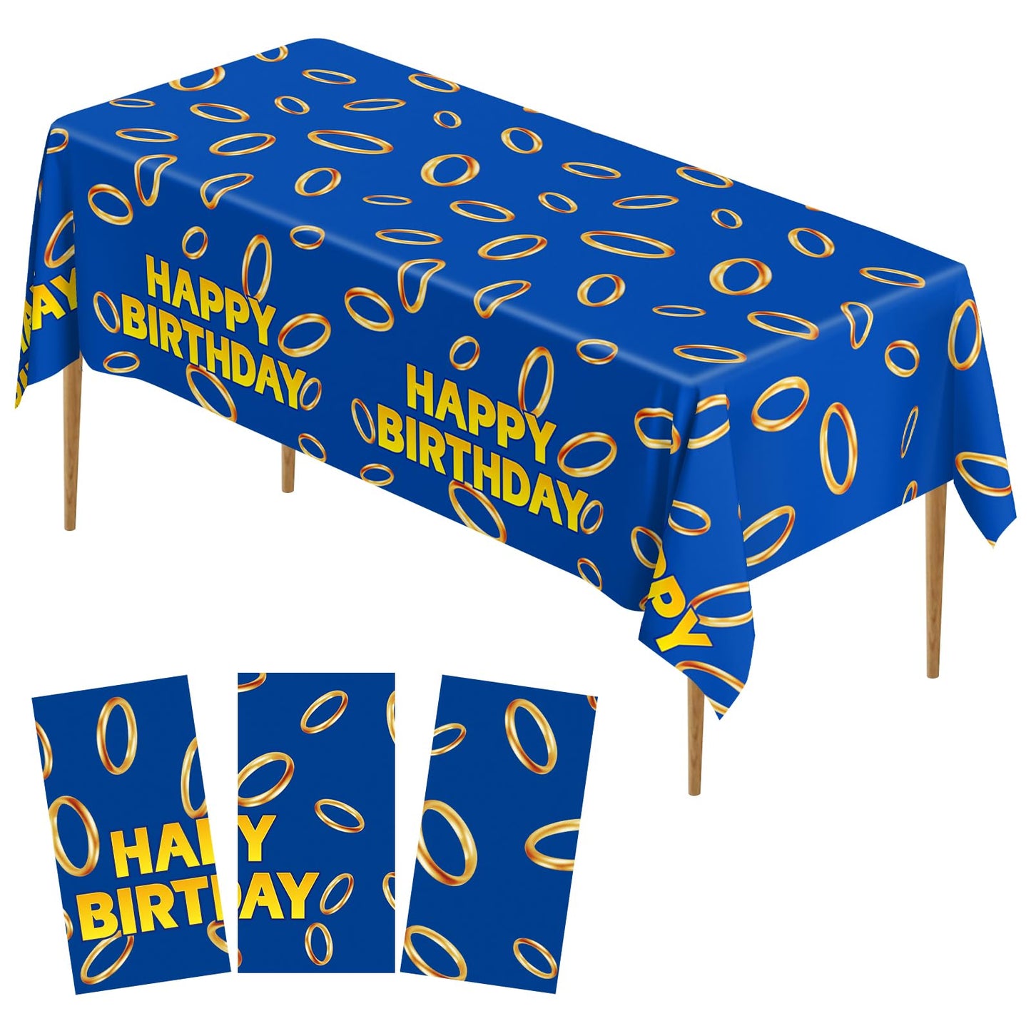 Lecinc 3 Pcs Blue with Gold Ring Print Plastic Tablecloth 108 x 51.2 Inches Table Cover Blue with Gold Ring Party Decor for Boys Girls Birthday Party