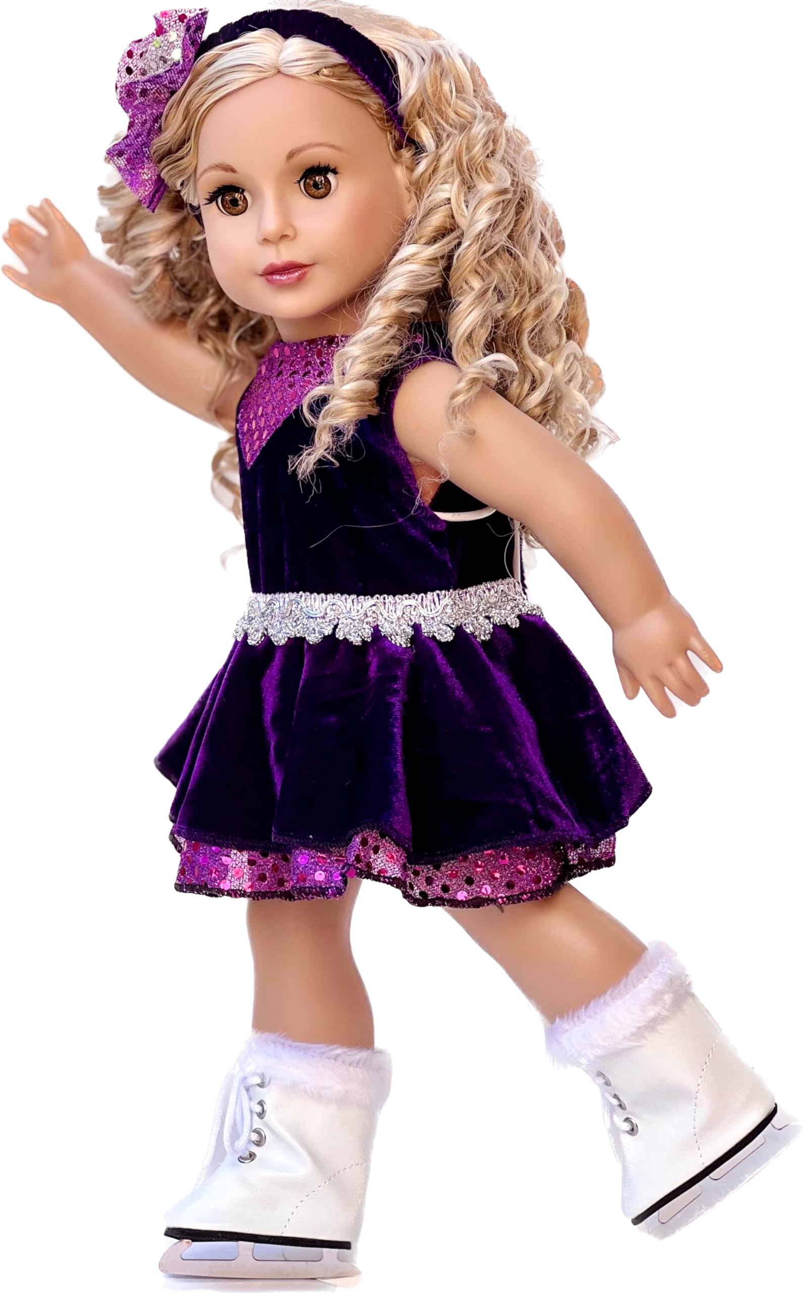 Ice Skating Queen - 3 Piece Ice Skating Outfit for 18 Inch Dolls - Purple Leotard with Ruffle Skirt, Head Band and White Skates - 18 Inch Doll Clothes