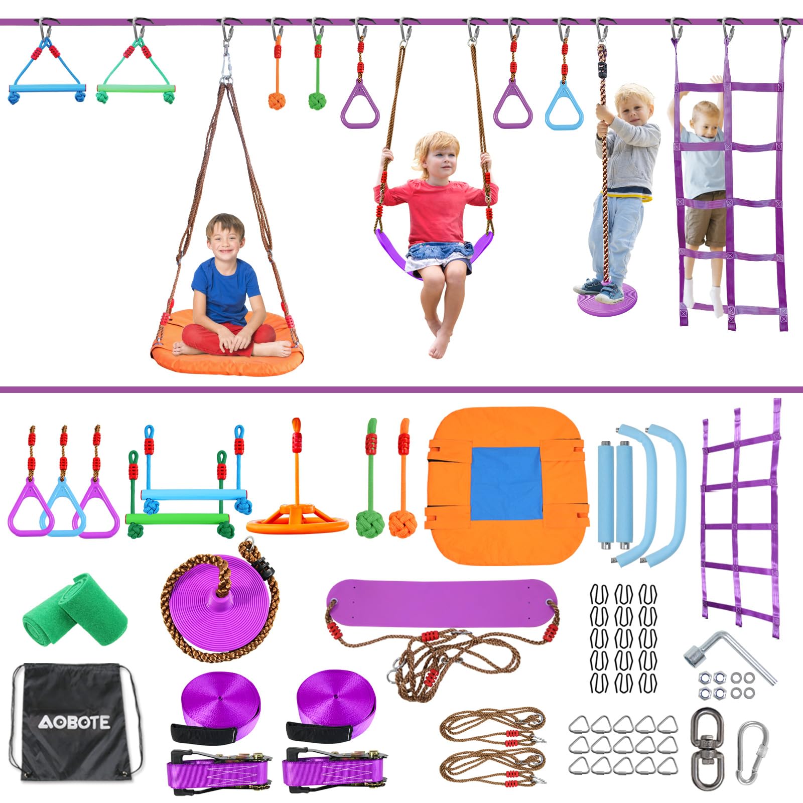 AOBOTE Ninja Warrior Obstacle Course for Kids,2x56ft Slackline with 12 Accessories,Saucer Swing with 360 Degree Rotating Wheel,Ninja Course for Kids