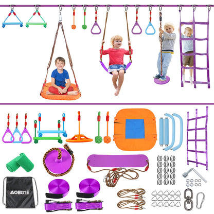 AOBOTE Ninja Warrior Obstacle Course for Kids,2x56ft Slackline with 12 Accessories,Saucer Swing with 360 Degree Rotating Wheel,Ninja Course for Kids