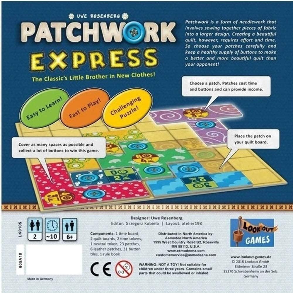 Patchwork Express Board Game - Fast-Paced Two-Player Quilting Strategy Game! Interactive Puzzle Game for Kids & Adults, Ages 6+, 2 Players, 20 Minute