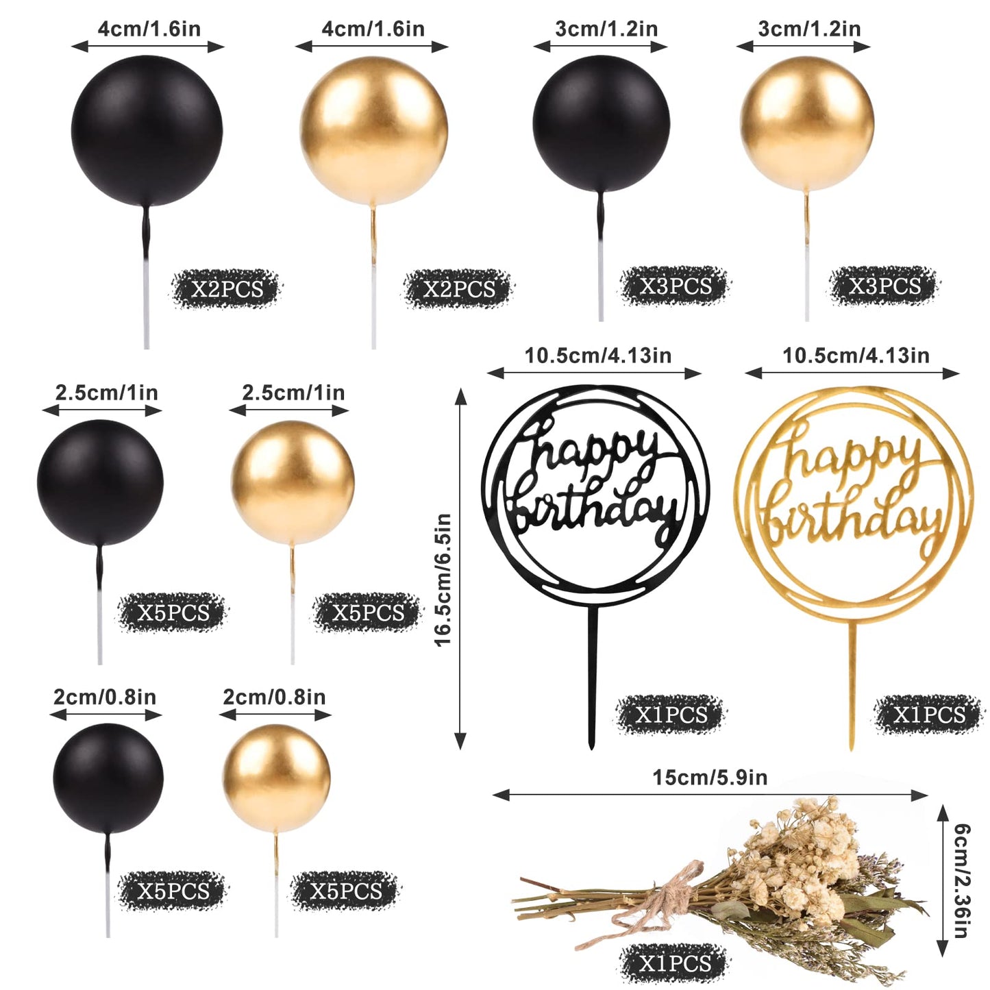 33 PCS Mini Ball Cake Topper Cupcake Insert Acrylic Cake Topper Artificial Dried Flowers Cake Decorations for Anniversary Graduation Birthday Party