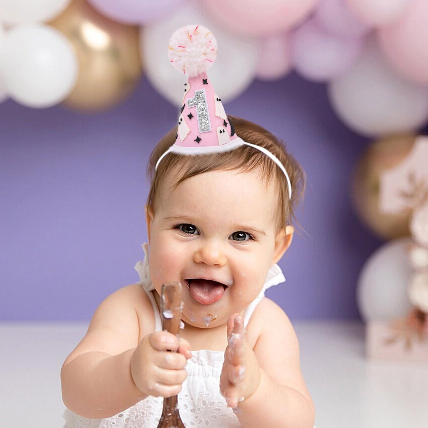 WUTKYAX Spooky One 1st Birthday Hat - Halloween Ghost First Birthday Hat with Bats,Cute Halloween One Birthday Decoration for Girls,Little Boo
