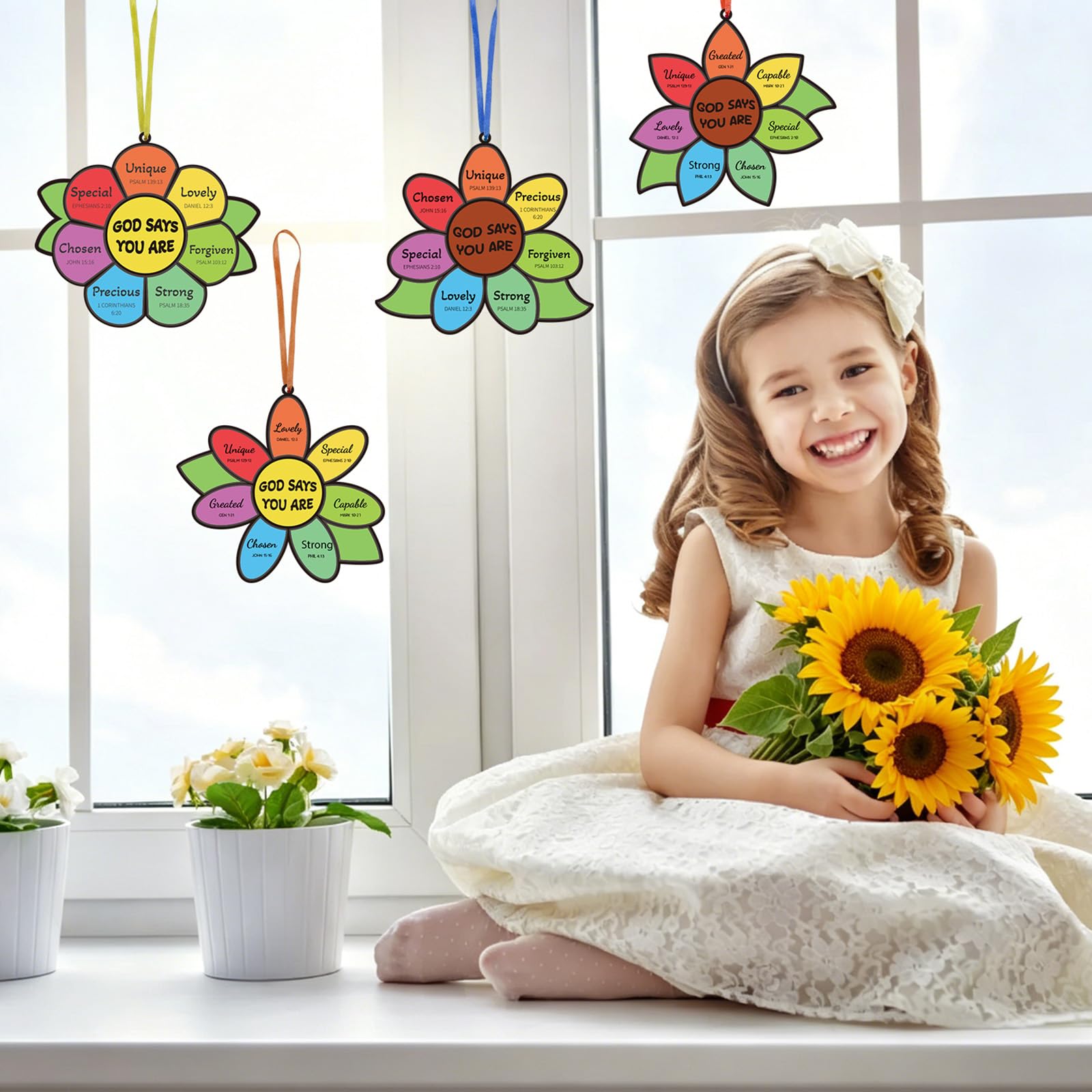 Fennoral 24 Pack God Says You are Sunflower Suncatcher DIY Craft Kit for Kids Religious Christian Bible Verse Hanging Window Ornaments Sunday School