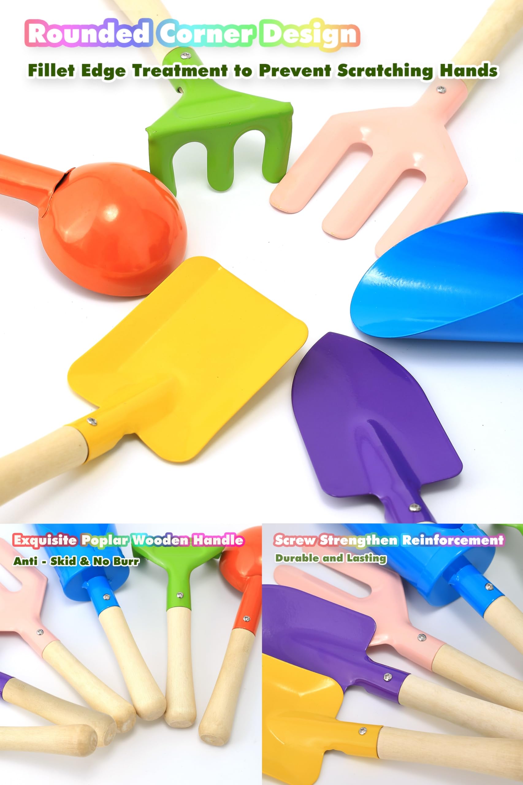 6 PCS 8" Kids Gardening Tools, Metal Beach Sandbox Digging Toys with Sturdy Wooden Handle, Safe Backyard Snow Sensory Playset Including Cylinder