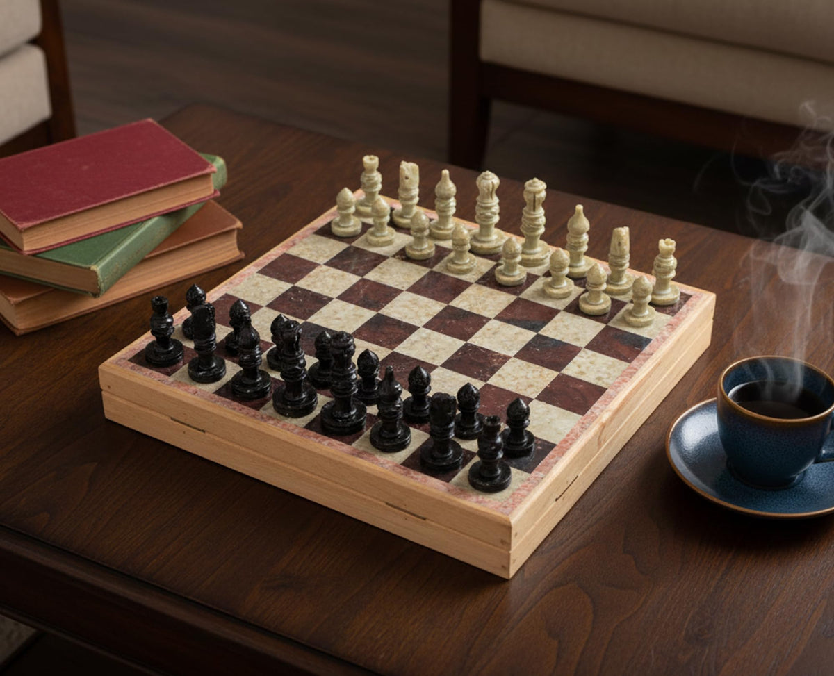 StonKraft - 10" X 10" Chess Board with Wooden Base & Stone Inlaid & Stone Pieces Game Set