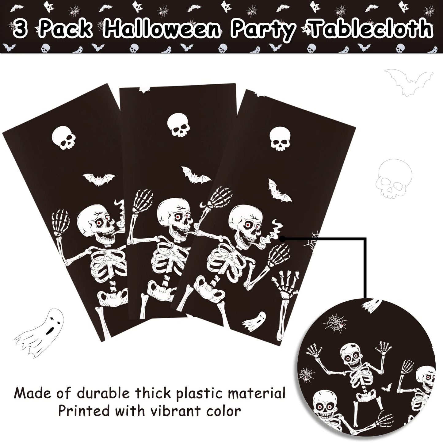 3 Pack Halloween Skeleton Tablecloth, Halloween Tablecloth Party Decorations, Plastic Skull Tablecover Backdrop Background Banner for Haunted House