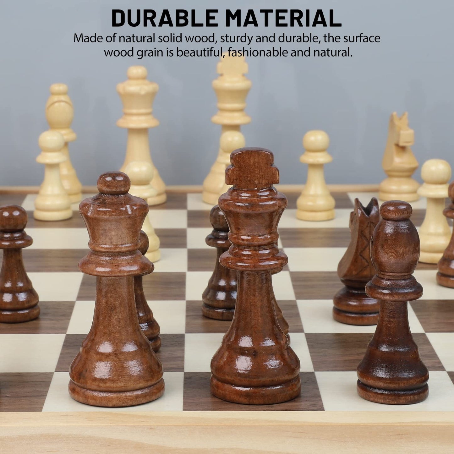 LEAP Wooden Chess Set 17" Inches - 2 Extra Queens - Folding Board Raised Edge, Handmade Portable Travel Chess Board Game Sets with Game Pieces Storage