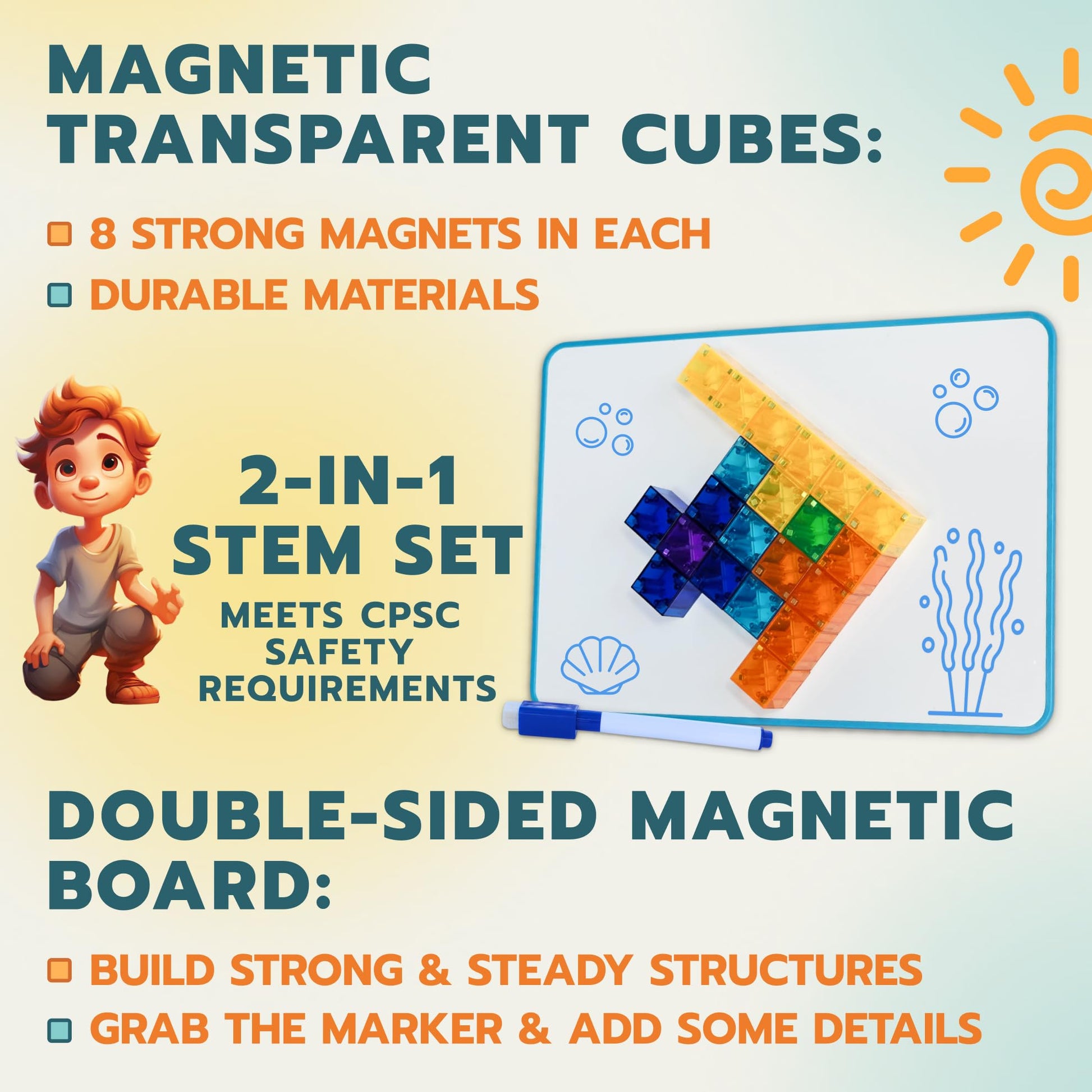 OLEZAR 48pcs Magnetic Transparent Blocks, 1inch, 2-in-1 STEM Set with Board, Marker & Book, Educational Building Toy for Kids 3-5, Learning Building