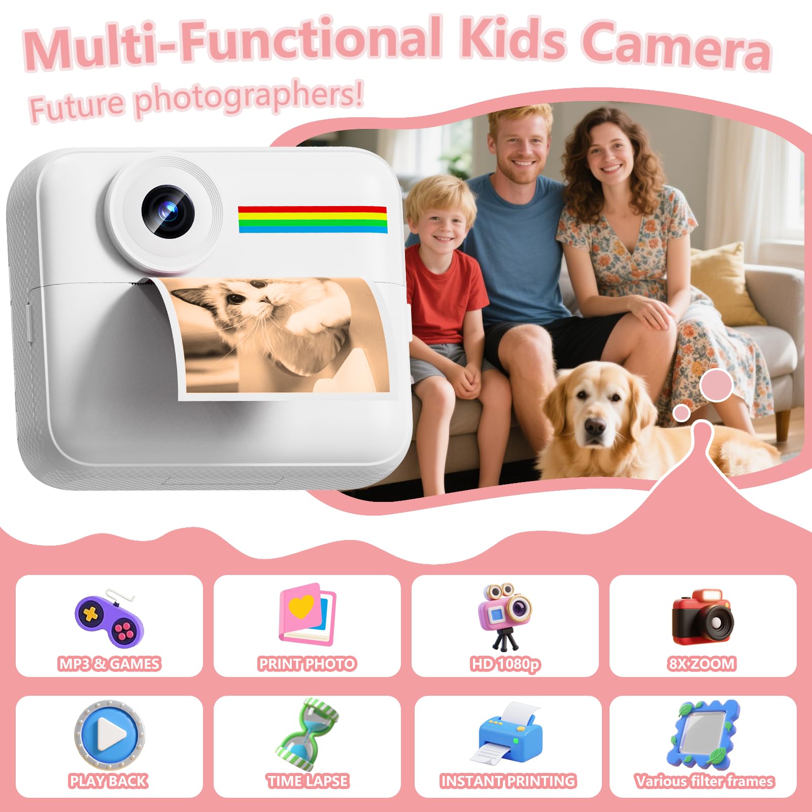 Kids Camera Instant Print with Color Printing Paper and Protective Case 32GB Card, Front Rear Dual Selfie Kids Camera with 1080P Videos, Christmas