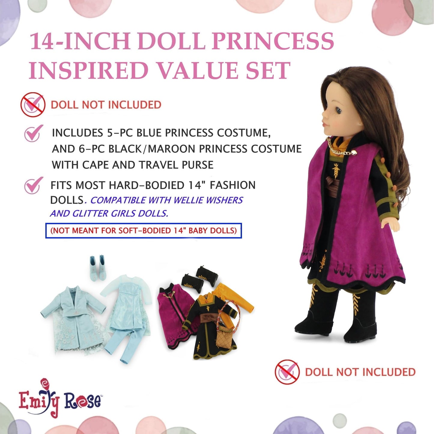 Emily Rose 14 Inch Fashion Doll Clothes 11 PC Princess Costume Playset Gift Set | Perfect Halloween Costume for 14" Wellie Wishers Dolls | USA