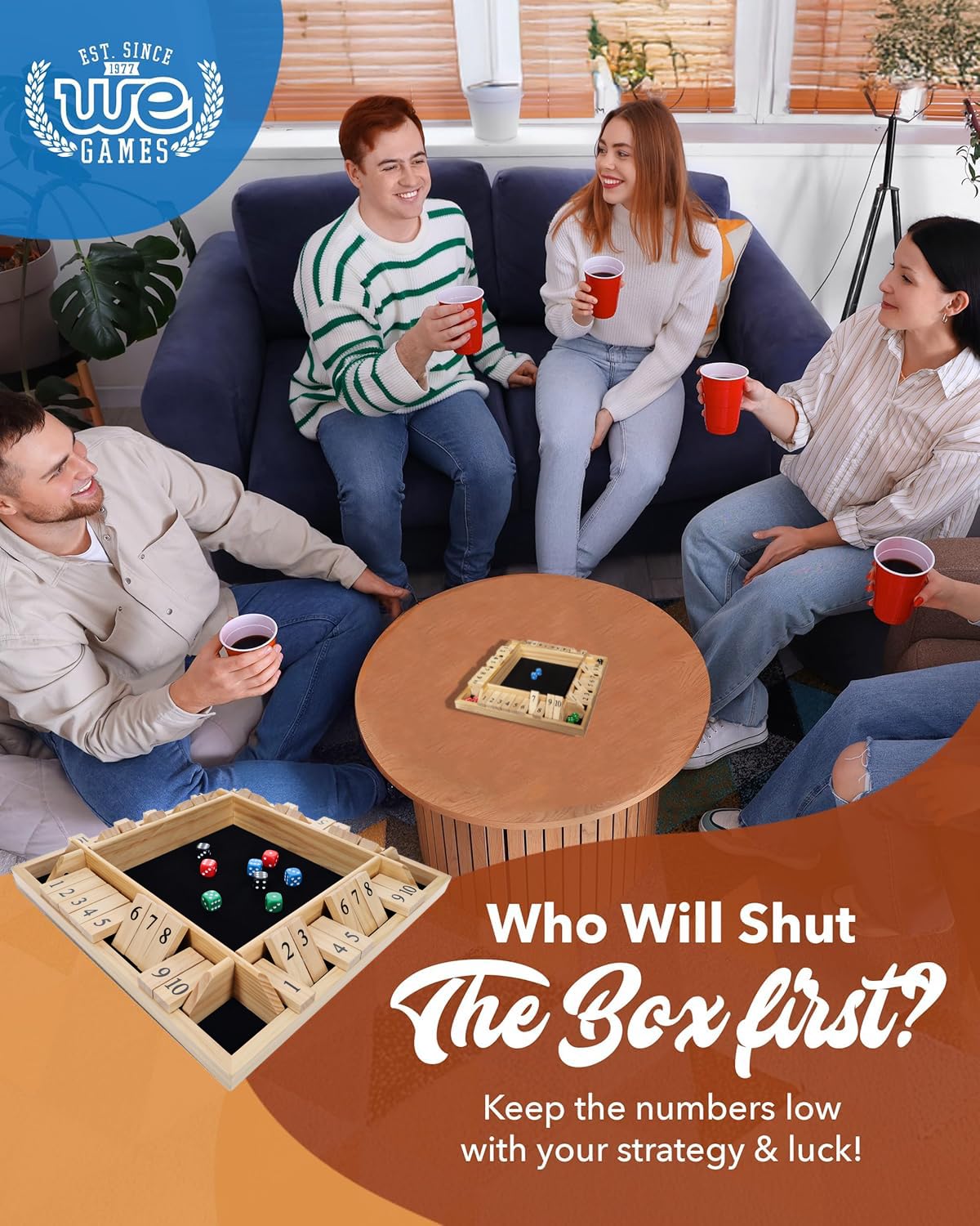 WE Games Shut the Box Wooden Board Game - Classic 4 Player Table Top Math Dice Game, Natural Wood, 8.5 in. Travel Size, 10 Numbers, for Families