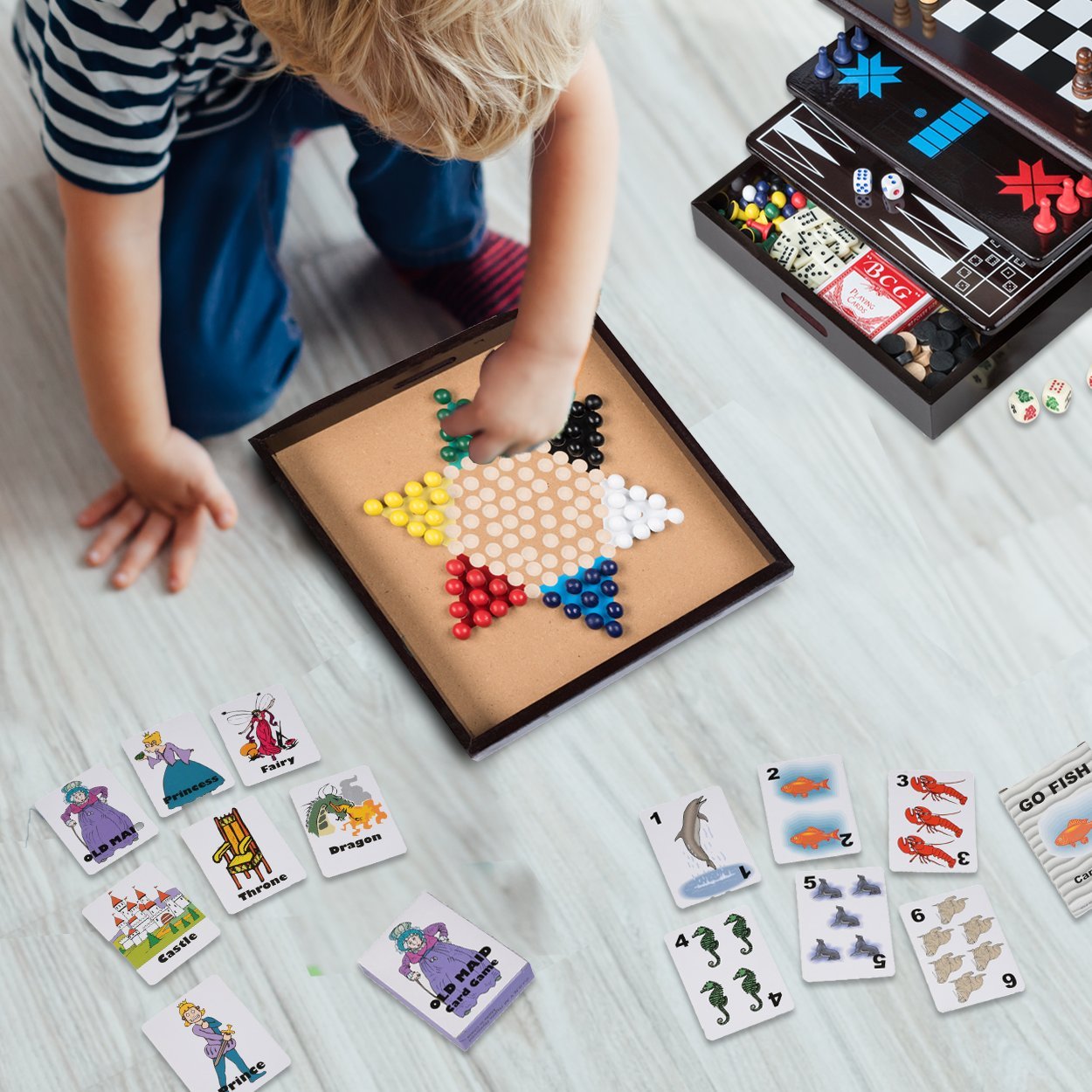 Board Game Set - Deluxe 15 in 1 Tabletop Wood-accented Game Center with Storage Drawer (Checkers, Chess, Chinese Checkers, Parcheesi, TicTacToe