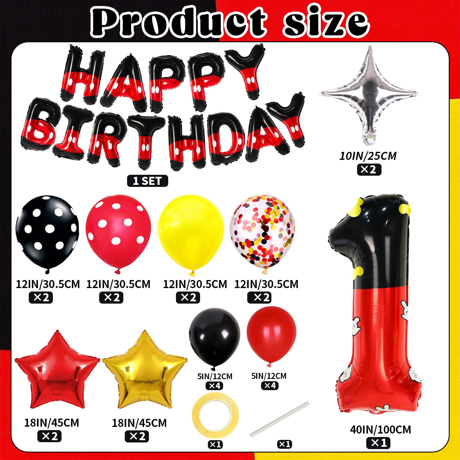 YIIHMEI 1st Mouse Balloons Birthday Decorations Baby Shower Party Supplies Boy Red And Black Foil Balloon Banner 40inch Number