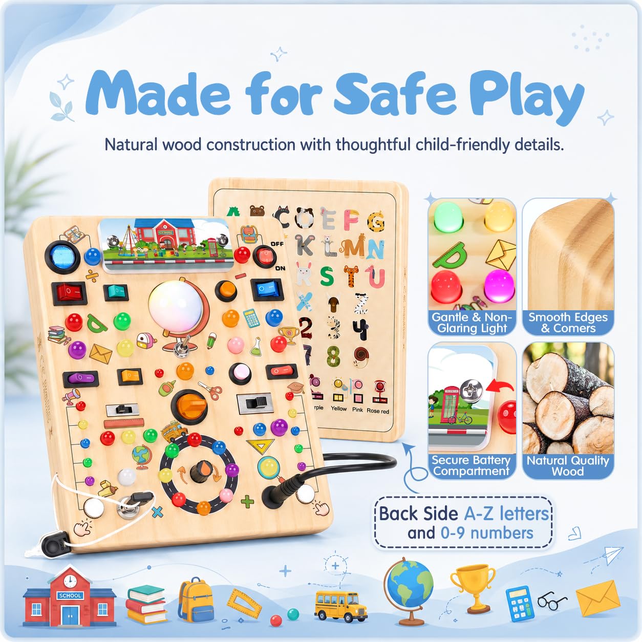 Busy Board with 19 LED Light Switches, Montessori Toys for 1 2 3 Years Old, Wooden Sensory Board, Toddlers Activity Travel Toys for 1 2 3 Year Old Boy