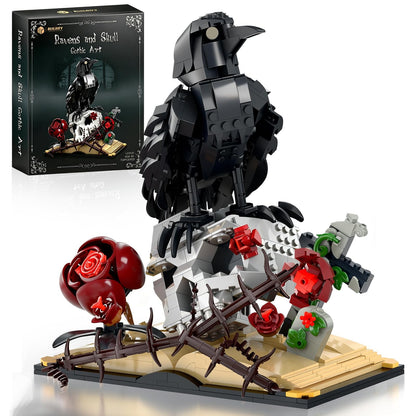 Gothic Raven & Skull Art Building Set, Skull Decor Features Ravens, Skulls, Roses, Crosses, and Books - Eye-Catching Table Centerpiece, Halloween or