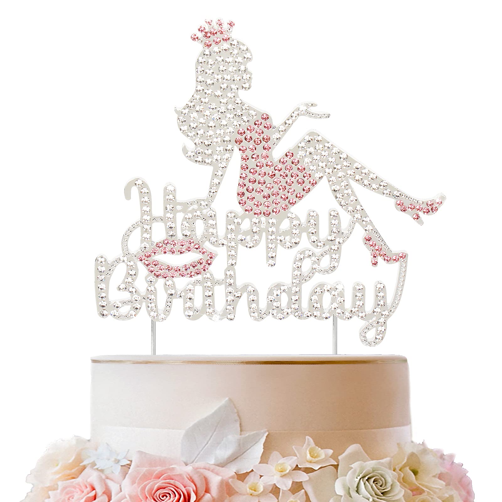 LINGTEER Happy Birthday Crown Queen Lady Rhinestone Cake Topper - Cheers to Makeup Spa Birthday Party Cake Centerpieces Decorations Gift Sign - Pink.