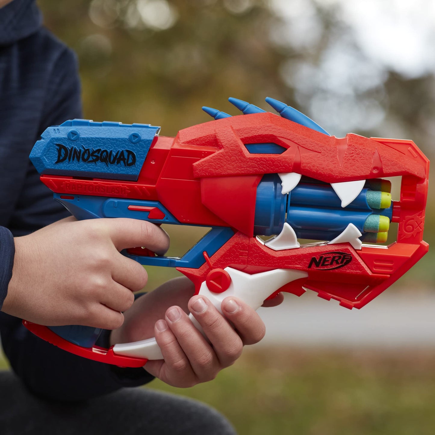 Nerf DinoSquad Raptor-Slash Dart Blaster, 6-Dart Rotating Drum, Slam Fire Action, 6 Official Elite Darts, Velociraptor Dinosaur Design