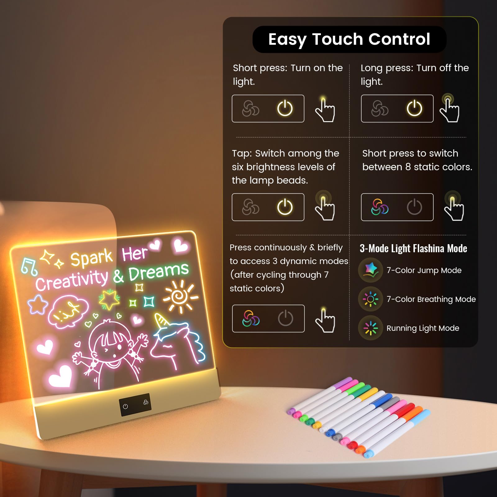 16" Rechargeable Led Drawing Board for Kids, 3 Modes & 8 Colors Glow Doodle LED Note Board, Neon Light Up Dry Erase Board with Built-in Stand, Girls
