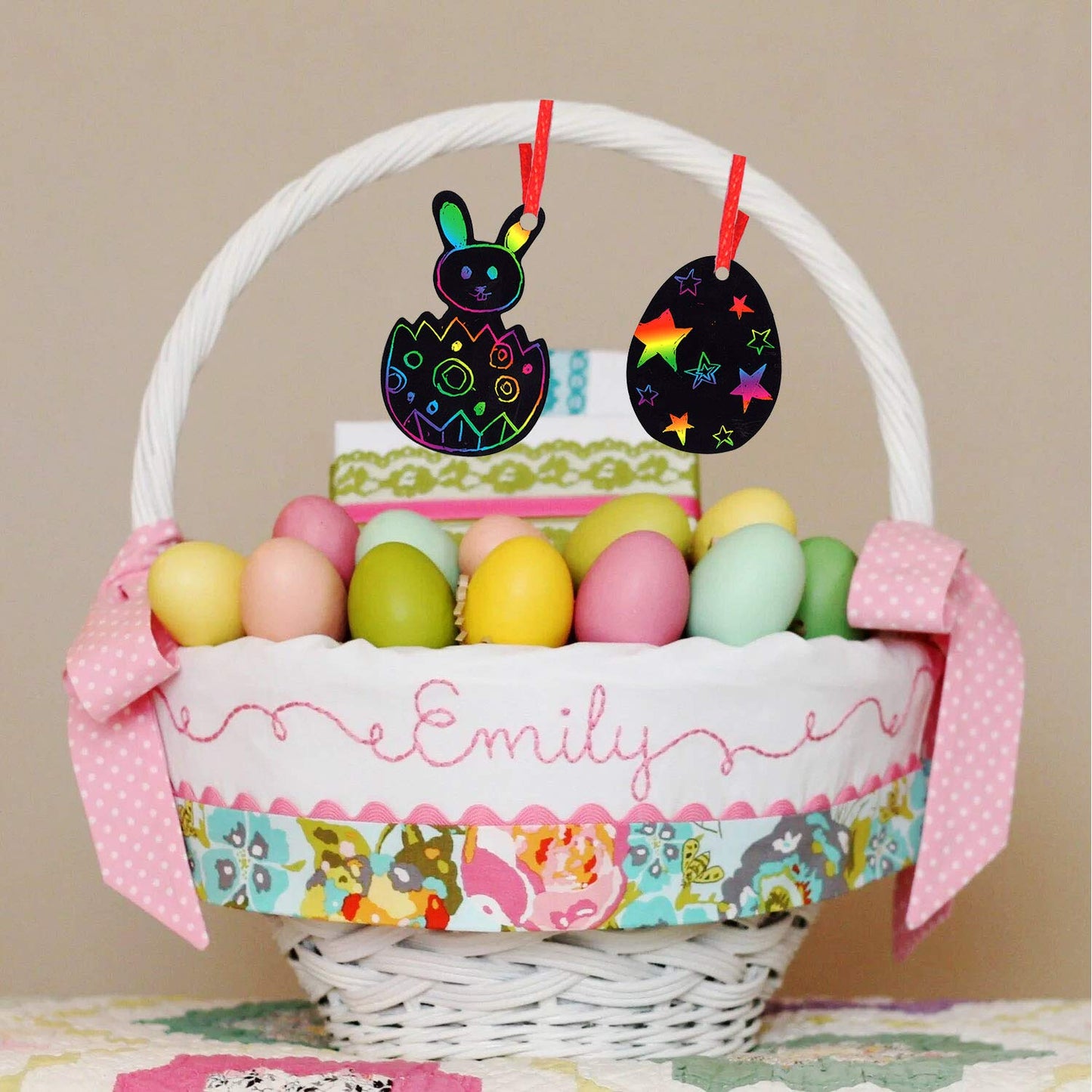 JOYIN 72 Pcs Easter Scratch Paper Set (12 Designs) Rainbow Scratch Art Easter Crafts Kit for Kids with Wooden Stick and Ribbon, Rainbow Color Scratch