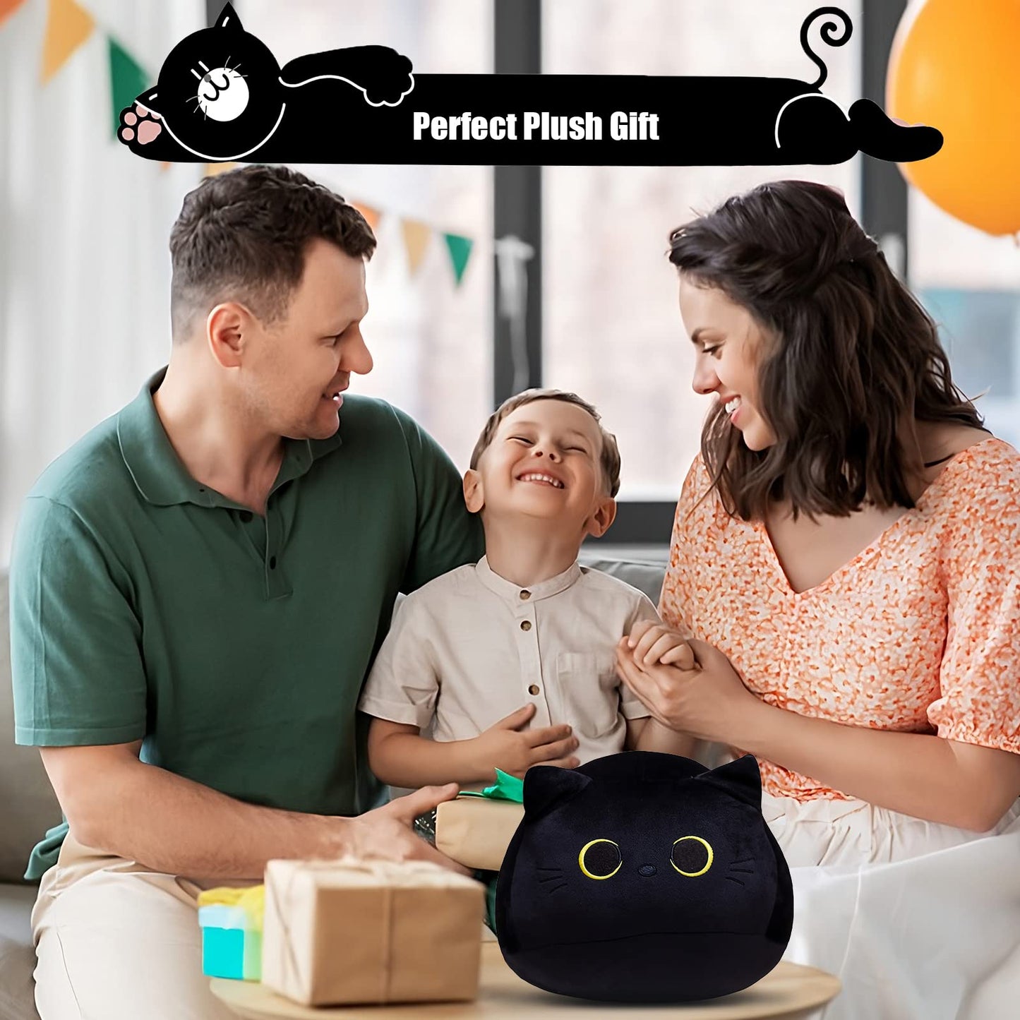 AudeRhine 10'' Cute Black Cat Plush Toys, Soft Pillow Squishy Plushies, Kawaii Cat Stuffed Animals for Home Decoration, Gift for Cat Lovers, Kids