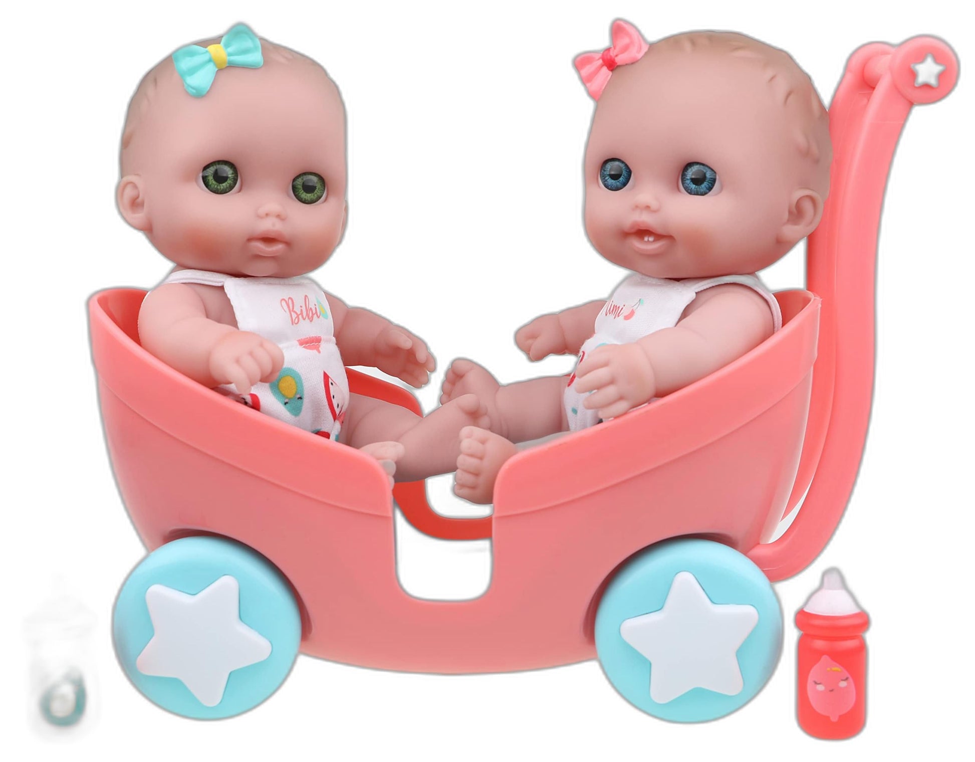 Lil Cutesies TWIN 8.5" All Vinyl Dolls and Stroller Set | Posable and Washable | Removable Outfits |Twin Stroller and Accessory | JC Toys | Ages 2+