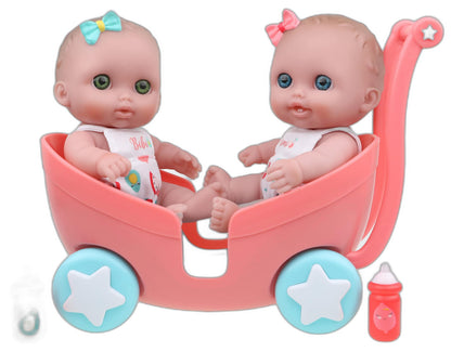 Lil Cutesies TWIN 8.5" All Vinyl Dolls and Stroller Set | Posable and Washable | Removable Outfits |Twin Stroller and Accessory | JC Toys | Ages 2+