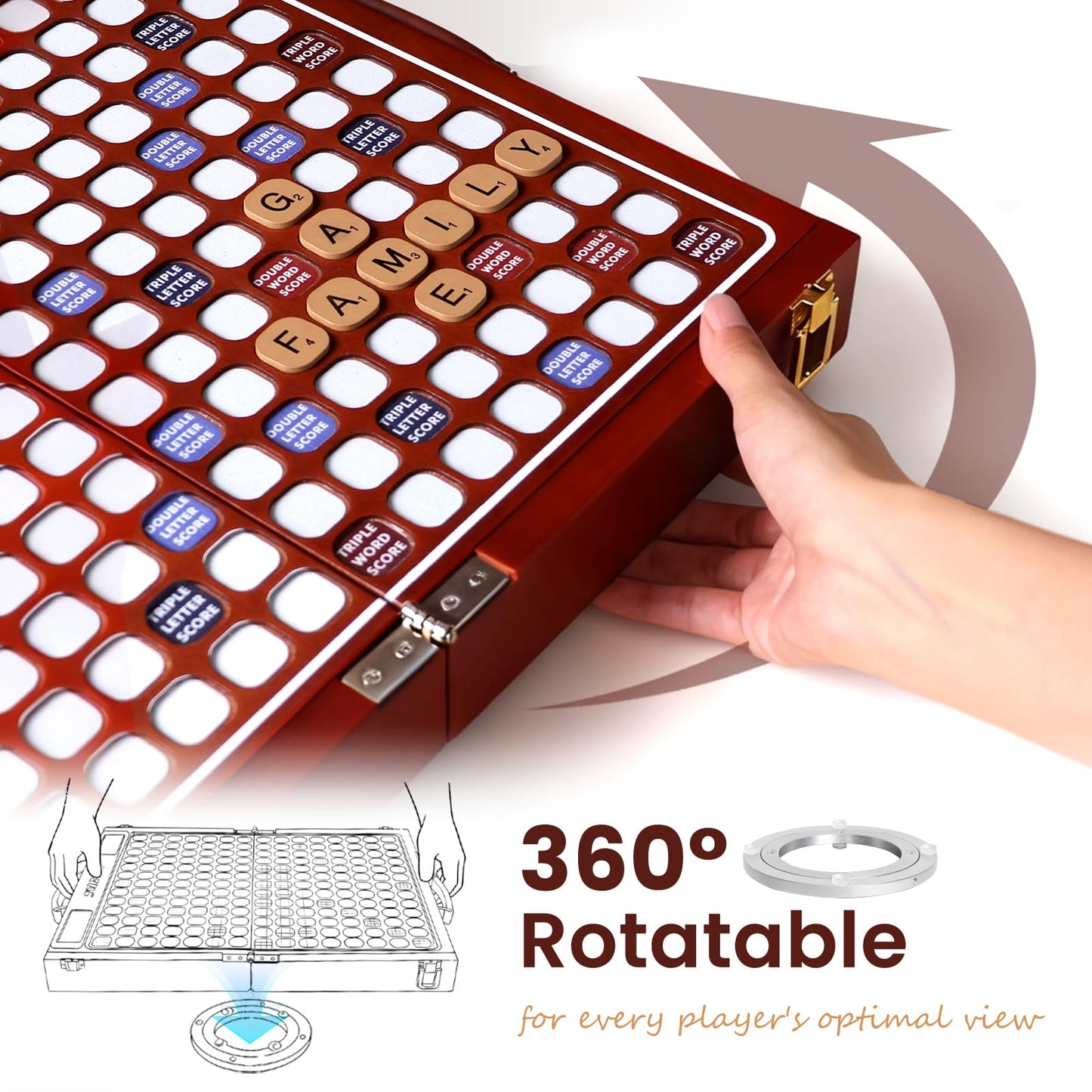 Deluxe Wooden Crossword Board Game with Rotating Board, Foldable & Portable Design, Large-Sized Board, Built-in Storage, for 2-4 Players, Includes