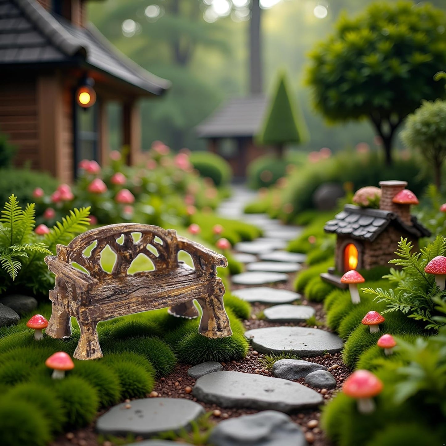 Brown Fairy Garden Furniture Ornaments Miniature Resin Chair Bench Doll House Decor Home Garden Miniatures Resin Micro Landscape Decoration Bench