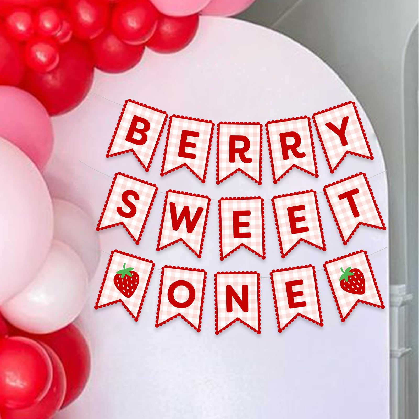 Berry Sweet One Birthday Banner Girl 1st Strawberry Party Decoration Red Pink Gingham Hanging Supplies