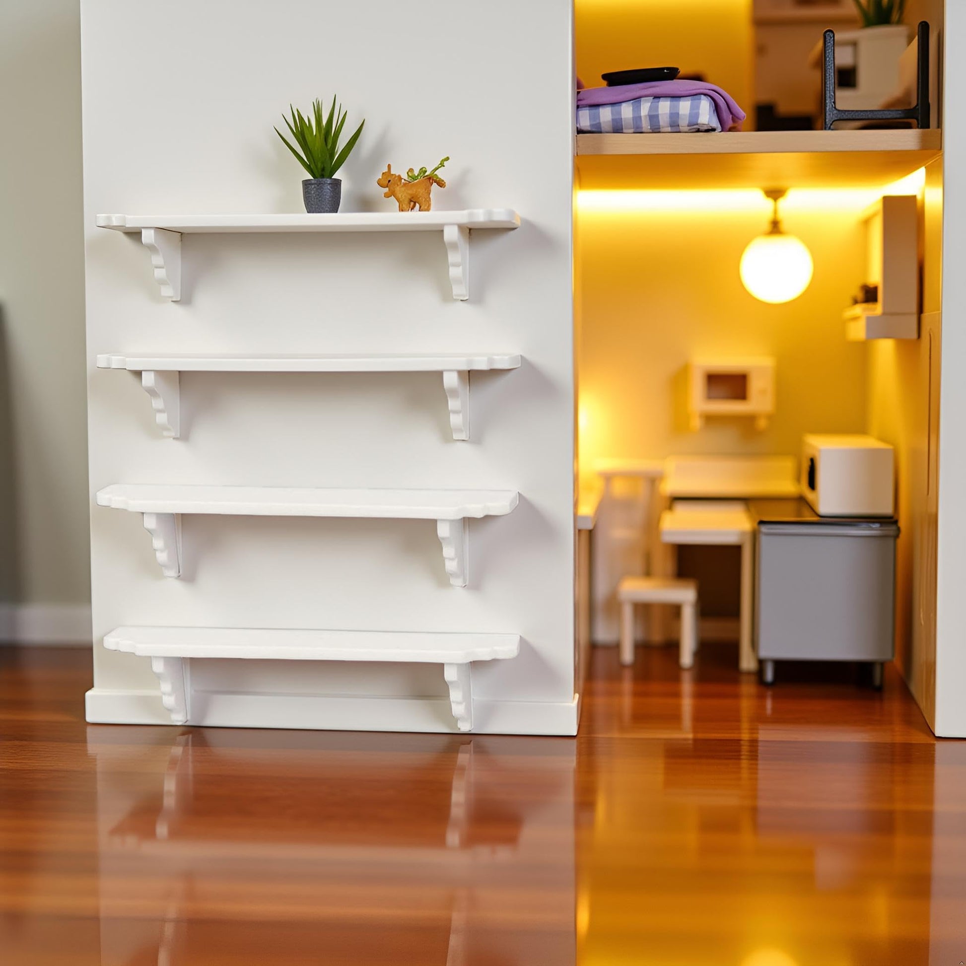 2Pcs White Dollhouse Wall Shelf, 1:12 Scale Miniature Storage Shelf for Kitchen Scene Decor Accessories