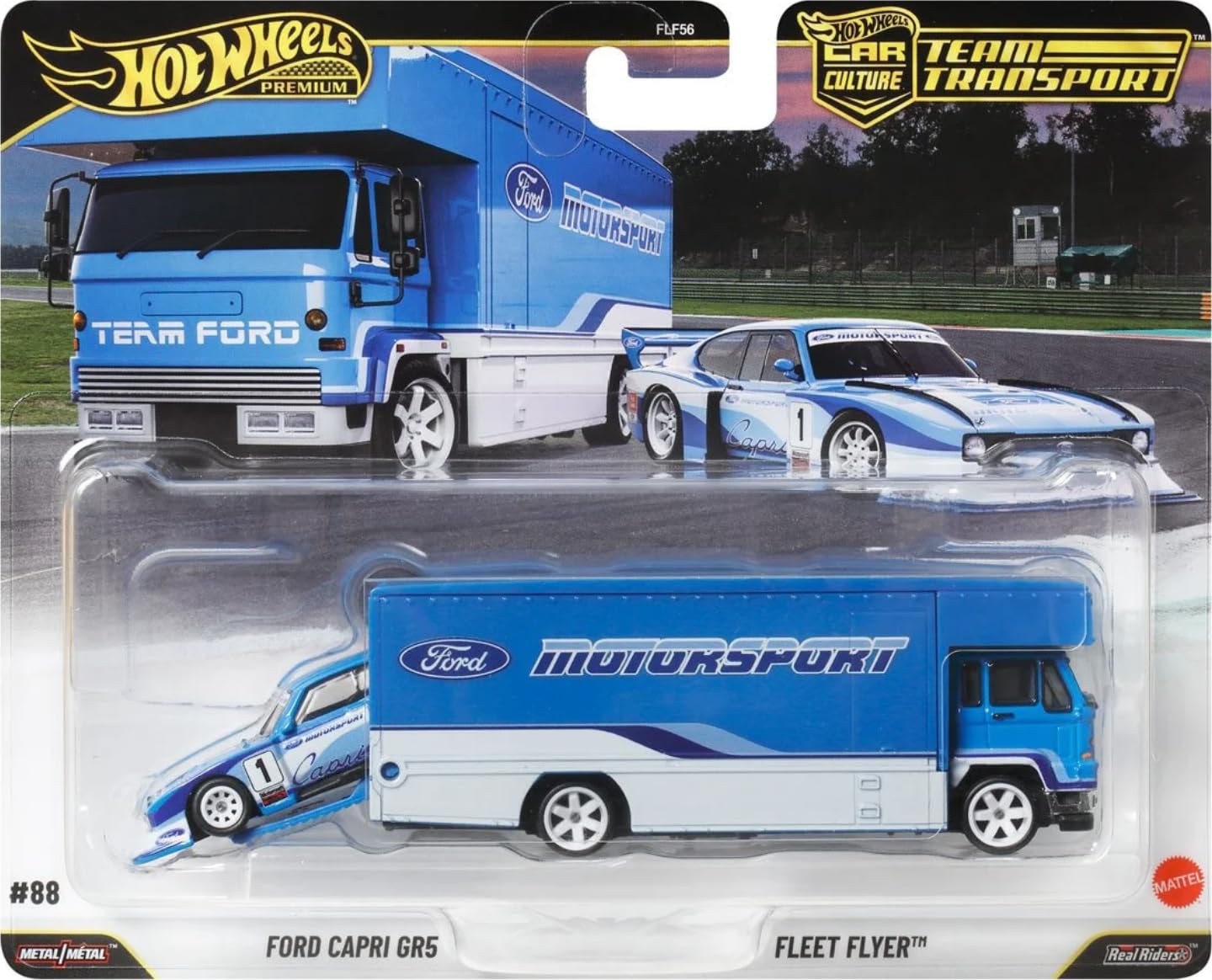 Hot Wheels Team Transport #88 Ford Capri Gr5 & Fleet Flyer, Real Riders, Metal/Metal, 1:64 Scale