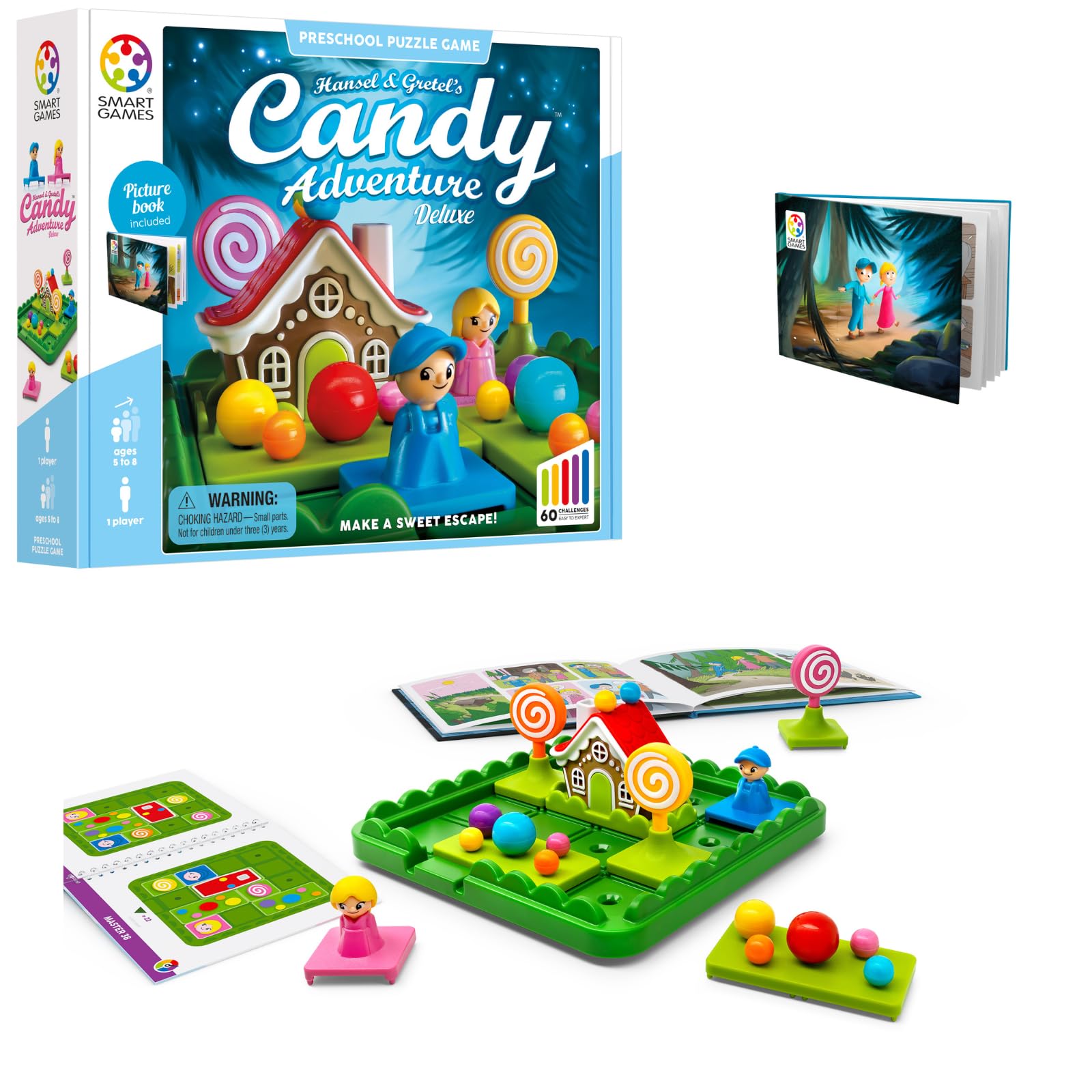 SmartGames Hansel & Gretel's Candy Adventure - Sliding Logic Puzzle with Storybook | 48 Challenges | Plan Ahead to Escape the Witch | Ages 4-7